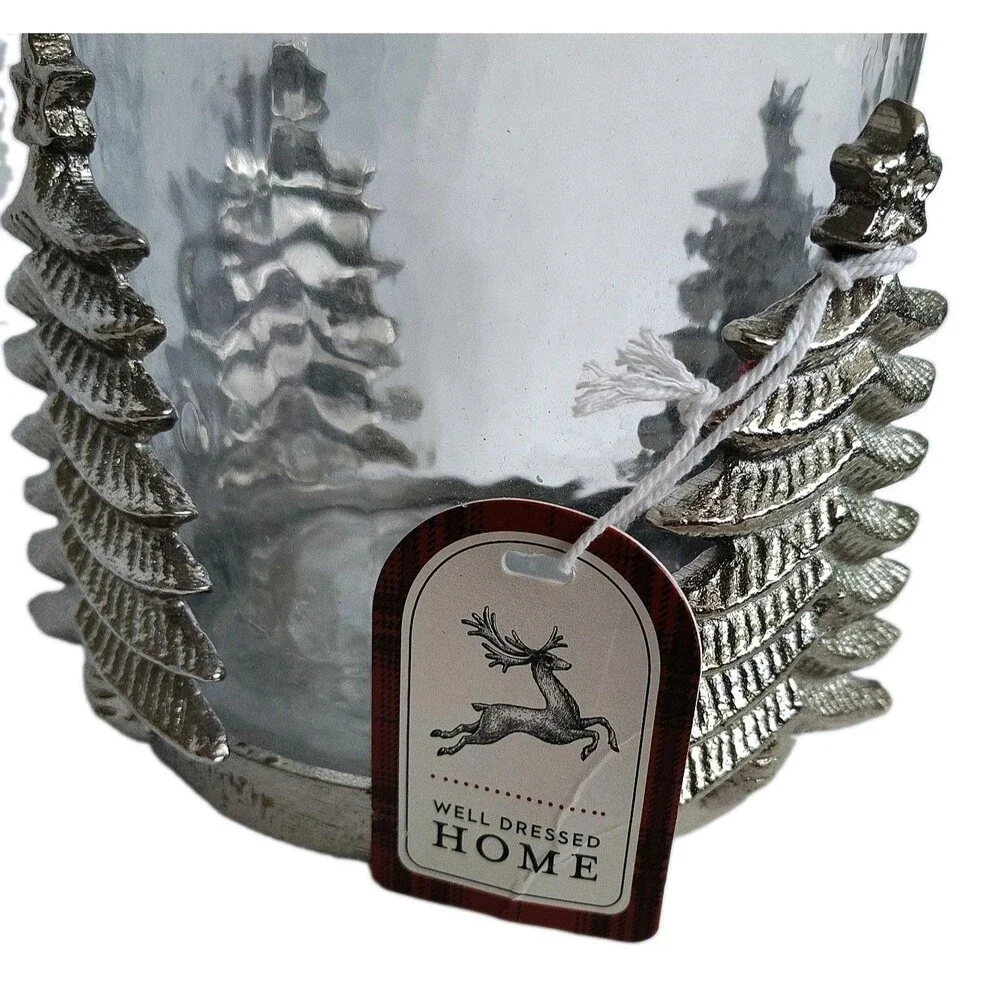 Well Dressed Home Christmas Tree Glass Hurricane Candle Holder Silver Metal
